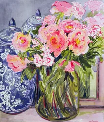 Stilleven met twee blauwe gemberpotten